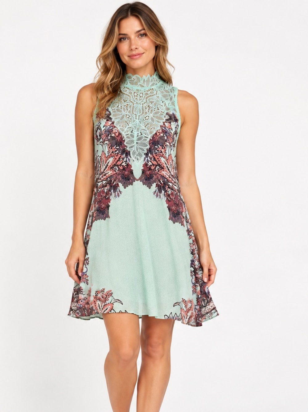 Free People Marsha Lace Slip Dress Mint Floral Boho High Neck NWT Small